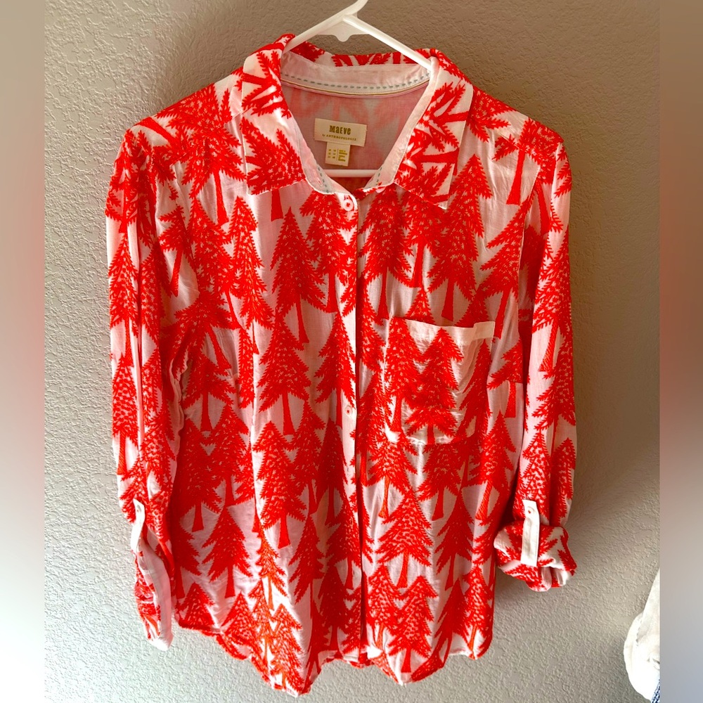 Maeve Anthropologie Button Down Shirt with Trees